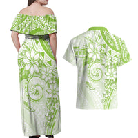Polynesian Pattern With Plumeria Flowers Couples Matching Off Shoulder Maxi Dress and Hawaiian Shirt Lime Green