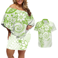 Polynesian Pattern With Plumeria Flowers Couples Matching Off Shoulder Short Dress and Hawaiian Shirt Lime Green LT05 Lime Green - Polynesian Pride