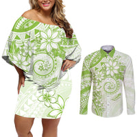 Polynesian Pattern With Plumeria Flowers Couples Matching Off Shoulder Short Dress and Long Sleeve Button Shirt Lime Green LT05 Lime Green - Polynesian Pride