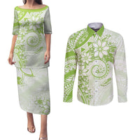 Polynesian Pattern With Plumeria Flowers Couples Matching Puletasi and Long Sleeve Button Shirt Lime Green LT05 Lime Green - Polynesian Pride