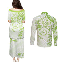 Polynesian Pattern With Plumeria Flowers Couples Matching Puletasi and Long Sleeve Button Shirt Lime Green LT05 - Polynesian Pride