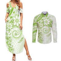 Polynesian Pattern With Plumeria Flowers Couples Matching Summer Maxi Dress and Long Sleeve Button Shirt Lime Green