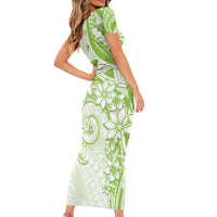 Polynesian Pattern With Plumeria Flowers Short Sleeve Bodycon Dress Lime Green