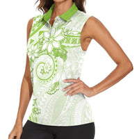 Polynesian Pattern With Plumeria Flowers Women Sleeveless Polo Shirt Lime Green