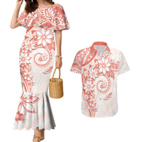 Polynesian Pattern With Plumeria Flowers Couples Matching Mermaid Dress and Hawaiian Shirt Orange Peach LT05 Peach - Polynesian Pride