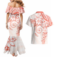 Polynesian Pattern With Plumeria Flowers Couples Matching Mermaid Dress and Hawaiian Shirt Orange Peach LT05 - Polynesian Pride