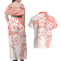 Polynesian Pattern With Plumeria Flowers Couples Matching Off Shoulder Maxi Dress and Hawaiian Shirt Orange Peach