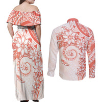 Polynesian Pattern With Plumeria Flowers Couples Matching Off Shoulder Maxi Dress and Long Sleeve Button Shirt Orange Peach LT05 - Polynesian Pride