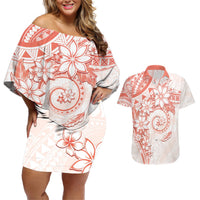 Polynesian Pattern With Plumeria Flowers Couples Matching Off Shoulder Short Dress and Hawaiian Shirt Orange Peach LT05 Peach - Polynesian Pride