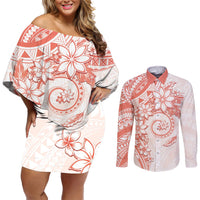 Polynesian Pattern With Plumeria Flowers Couples Matching Off Shoulder Short Dress and Long Sleeve Button Shirt Orange Peach LT05 Peach - Polynesian Pride