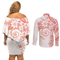 Polynesian Pattern With Plumeria Flowers Couples Matching Off Shoulder Short Dress and Long Sleeve Button Shirt Orange Peach LT05 - Polynesian Pride