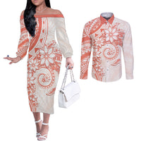 Polynesian Pattern With Plumeria Flowers Couples Matching Off The Shoulder Long Sleeve Dress and Long Sleeve Button Shirt Orange Peach LT05 Peach - Polynesian Pride