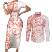 Polynesian Pattern With Plumeria Flowers Couples Matching Short Sleeve Bodycon Dress and Long Sleeve Button Shirt Orange Peach LT05 Peach - Polynesian Pride