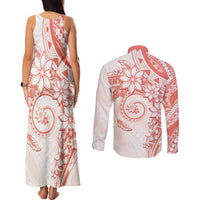Polynesian Pattern With Plumeria Flowers Couples Matching Tank Maxi Dress and Long Sleeve Button Shirt Orange Peach LT05 - Polynesian Pride