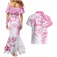 Polynesian Pattern With Plumeria Flowers Couples Matching Mermaid Dress and Hawaiian Shirt Pink LT05 - Polynesian Pride