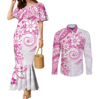 Polynesian Pattern With Plumeria Flowers Couples Matching Mermaid Dress and Long Sleeve Button Shirt Pink LT05 Pink - Polynesian Pride
