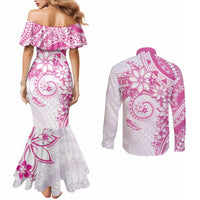 Polynesian Pattern With Plumeria Flowers Couples Matching Mermaid Dress and Long Sleeve Button Shirt Pink LT05 - Polynesian Pride