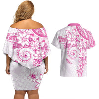 Polynesian Pattern With Plumeria Flowers Couples Matching Off Shoulder Short Dress and Hawaiian Shirt Pink LT05 - Polynesian Pride