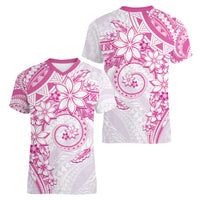 Polynesian Pattern With Plumeria Flowers Women V-Neck T-Shirt Pink