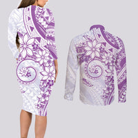 Polynesian Pattern With Plumeria Flowers Couples Matching Long Sleeve Bodycon Dress and Long Sleeve Button Shirt Purple LT05 - Polynesian Pride