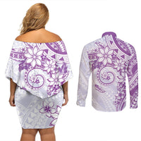 Polynesian Pattern With Plumeria Flowers Couples Matching Off Shoulder Short Dress and Long Sleeve Button Shirt Purple LT05 - Polynesian Pride