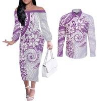 Polynesian Pattern With Plumeria Flowers Couples Matching Off The Shoulder Long Sleeve Dress and Long Sleeve Button Shirt Purple LT05 Purple - Polynesian Pride