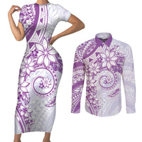 Polynesian Pattern With Plumeria Flowers Couples Matching Short Sleeve Bodycon Dress and Long Sleeve Button Shirt Purple LT05 Purple - Polynesian Pride