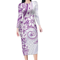 Polynesian Pattern With Plumeria Flowers Long Sleeve Bodycon Dress Purple