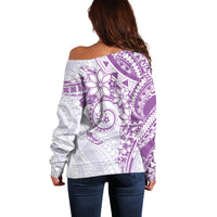 Polynesian Pattern With Plumeria Flowers Off Shoulder Sweater Purple