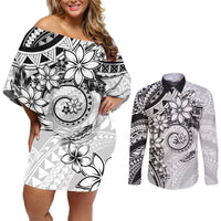 Polynesian Pattern With Plumeria Flowers Couples Matching Off Shoulder Short Dress and Long Sleeve Button Shirt White LT05 White - Polynesian Pride