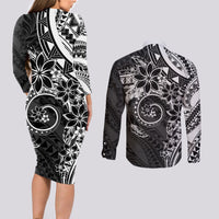 Polynesian Pattern With Plumeria Flowers Couples Matching Long Sleeve Bodycon Dress and Long Sleeve Button Shirt Black LT05 - Polynesian Pride