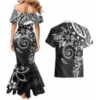 Polynesian Pattern With Plumeria Flowers Couples Matching Mermaid Dress and Hawaiian Shirt Black LT05 - Polynesian Pride