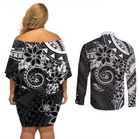 Polynesian Pattern With Plumeria Flowers Couples Matching Off Shoulder Short Dress and Long Sleeve Button Shirt Black LT05 - Polynesian Pride