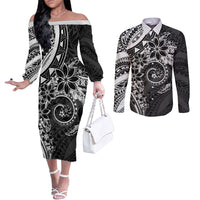 Polynesian Pattern With Plumeria Flowers Couples Matching Off The Shoulder Long Sleeve Dress and Long Sleeve Button Shirt Black LT05 Black - Polynesian Pride
