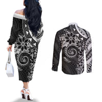 Polynesian Pattern With Plumeria Flowers Couples Matching Off The Shoulder Long Sleeve Dress and Long Sleeve Button Shirt Black LT05 - Polynesian Pride