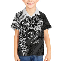 Polynesian Pattern With Plumeria Flowers Family Matching Off The Shoulder Long Sleeve Dress and Hawaiian Shirt Black