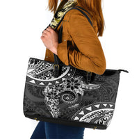 Polynesian Pattern With Plumeria Flowers Leather Tote Bag Black LT05 Black - Polynesian Pride