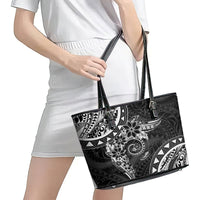 Polynesian Pattern With Plumeria Flowers Leather Tote Bag Black LT05 - Polynesian Pride