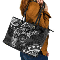Polynesian Pattern With Plumeria Flowers Leather Tote Bag Black LT05 - Polynesian Pride
