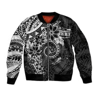 Polynesian Pattern With Plumeria Flowers Sleeve Zip Bomber Jacket Black LT05 Unisex Black - Polynesian Pride