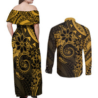 Polynesian Sunset Plumeria Couples Matching Off Shoulder Maxi Dress and Long Sleeve Button Shirt Gold Polynesian Tattoo LT05 - Polynesian Pride