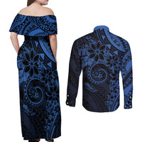 Polynesian Sunset Plumeria Couples Matching Off Shoulder Maxi Dress and Long Sleeve Button Shirt Navy Polynesian Tattoo LT05 - Polynesian Pride