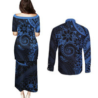 Polynesian Sunset Plumeria Couples Matching Puletasi and Long Sleeve Button Shirt Navy Polynesian Tattoo LT05 - Polynesian Pride