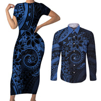 Polynesian Sunset Plumeria Couples Matching Short Sleeve Bodycon Dress and Long Sleeve Button Shirt Navy Polynesian Tattoo LT05 Navy - Polynesian Pride