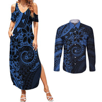 Polynesian Sunset Plumeria Couples Matching Summer Maxi Dress and Long Sleeve Button Shirt Navy Polynesian Tattoo LT05 Navy - Polynesian Pride