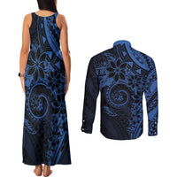Polynesian Sunset Plumeria Couples Matching Tank Maxi Dress and Long Sleeve Button Shirt Navy Polynesian Tattoo LT05 - Polynesian Pride