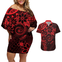 Polynesian Sunset Plumeria Couples Matching Off Shoulder Short Dress and Hawaiian Shirt Red Polynesian Tattoo LT05 Red - Polynesian Pride