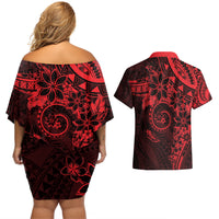 Polynesian Sunset Plumeria Couples Matching Off Shoulder Short Dress and Hawaiian Shirt Red Polynesian Tattoo LT05 - Polynesian Pride