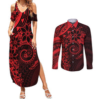 Polynesian Sunset Plumeria Couples Matching Summer Maxi Dress and Long Sleeve Button Shirt Red Polynesian Tattoo LT05 Red - Polynesian Pride