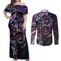 Polynesian Sunset Plumeria Couples Matching Off Shoulder Maxi Dress and Long Sleeve Button Shirt Galaxy Polynesian Tattoo LT05 Galaxy - Polynesian Pride